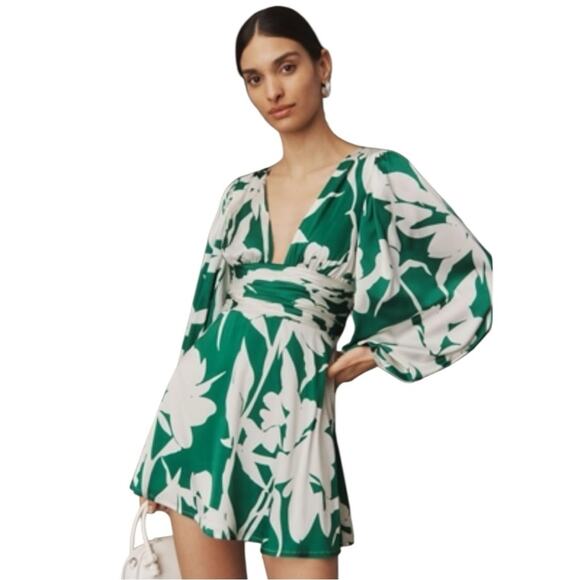 Hutch Long Sleeve Mini Dress Green and White Satin Size 6 - Picture 2 of 9